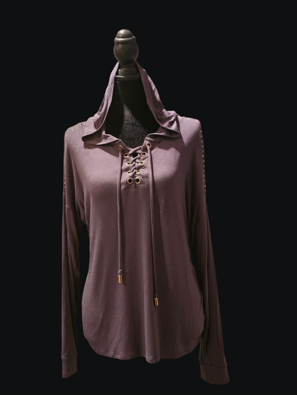 Lace-Up Hoodie Top By Belldini in Medium Gray